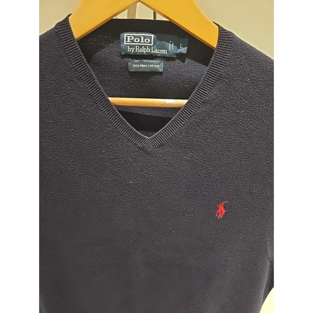 Polo Ralph Lauren Navy Blue 100% Pima Cotton‎ V-Neck Sweater Vest Mens Large L